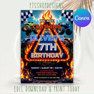 Monster Truck Birthday Invitation, Editable Monster Truck Birthday Invitation For Boys, Printable Digital Invitation, Canva Template, Evite