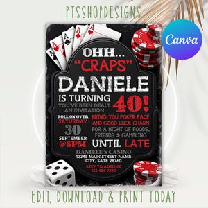 Casino Birthday Invitation: Poker Night Party, Editable Canva Template (5x7 inches)