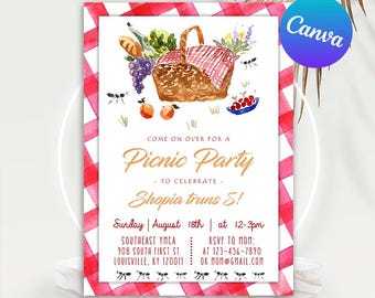 Gingham Floral Picnic Birthday Invitation: Editable Digital Invite (5x7 in, PDF Template)