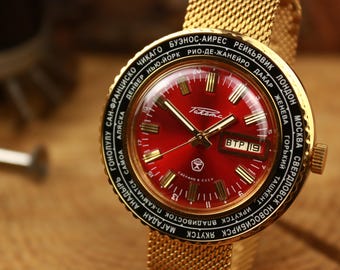 Vintage Raketa Cities Watch USSR: Gold World Time Mechanical Wristwatch