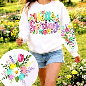 Primavera PNG, Paquete floral de Hola Primavera PNG, Flores con pinceladas pintadas a mano, Cita de primavera PNG, Sublimación de primavera, Pascua PNG