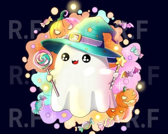 Fantasma retrô de Halloween PNG, Fantasma fofo kawaii PNG, Design de sublimação de Halloween, Fantasma fofo PNG, Fantasma fofo e doces PNG, Halloween fofo PNG