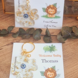 Portachiavi a forma di trifoglio a tema safari con biglietto, 10 pezzi, regalo di benvenuto per neonati, regali di compleanno, regali per neonati, regali per baby shower