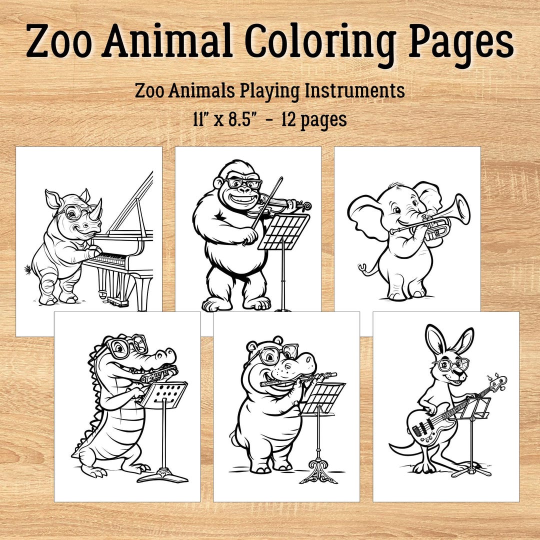 Zoo Animal Coloring Pages, 12 Sheets, Playing Musical Instruments - Etsy