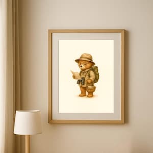 Abenteuer Entdecker Bär Print | Kinderzimmer Wand Kunst | Reise-Themen druckbare Poster für Kinderzimmer | Wanderteddy mit Karte und Rucksack