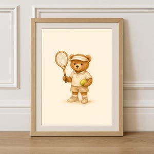 Vintage Tennis Teddy Bear Printable Wall Art - Kids Sports Room Decor | Customisable