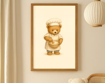 Lámina infantil de osito chef / Arte mural de cocina original (descarga digital)