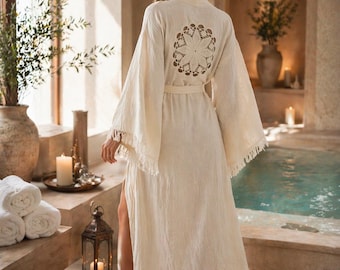 Muslin Kimono Cover Up with Crochet Lace – Boho Cotton Beach Robe – Bridal Kimono – Turkish Spa Loungewear
