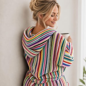 Colorful Striped Turkish Hooded Bathrobe, Thick Handwoven Cotton Robe, Unisex Spa Bathrobe, Turkish Towel Dressing Gown, Personalized Gift