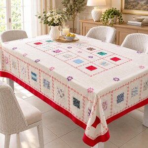 Handmade Patchwork Cotton Tablecloth, Rectangle Boho Rustic Dining Table Cover, Vintage Farmhouse Style Table Decor Gift