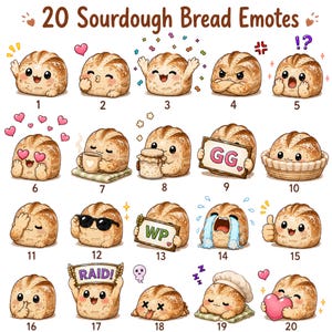 Puede incluir: Una ilustración digital que presenta 20 emoticonos de pan de masa madre, cada uno mostrando una expresión o acción diferente. Los panes tienen caras de dibujos animados y están numerados del 1 al 20. Algunos sostienen carteles con texto como GG, WP y RAID.