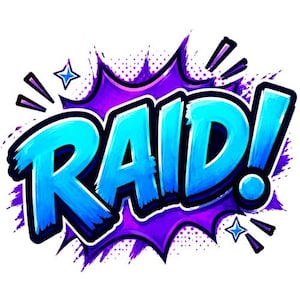 Puede incluir: Una ilustración gráfica que presenta la palabra RAID! en letras azul brillante y negrita con un contorno negro grueso. El texto se sitúa sobre un fondo de explosión de estilo cómic en color morado vibrante con estrellas y puntos.