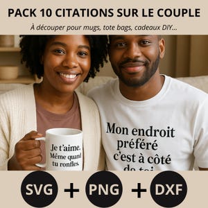 Pack 10 Citations Couple – SVG PNG DXF | Mots doux et drôles pour t-shirts duo, mugs amoureux, Cricut, cadeaux personnalisés