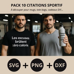 Pack 10 Citations Sportif – Fichiers numériques SVG PNG DXF | Mots doux et drôles pour Cricut, mugs, t-shirts, cadeaux sportif
