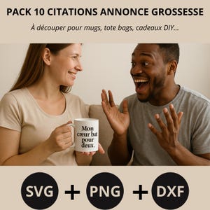 Pack 10 Citations Annonce Grossesse – SVG PNG DXF | Fichiers doux et émouvants pour t-shirts, cartes à gratter, mugs, Cricut