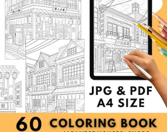 Japanese Houses & Shops Coloring Book: Adult Printable Pages (PDF JPG Digital Download A4 Size)