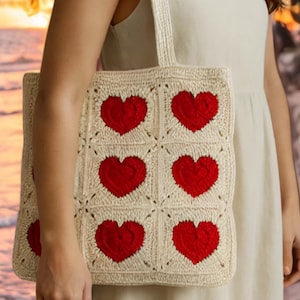Sac coeur rouge au crochet fait main - Cabas en tricot de coton et polyester durable, sac à main décontracté de tous les jours, joli cadeau de la Saint-Valentin