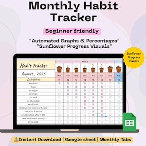 Sunflower Habit Tracker | Daily Progress, Auto Graphs & Growth Visuals | Digital Google Spreadsheet Tracker