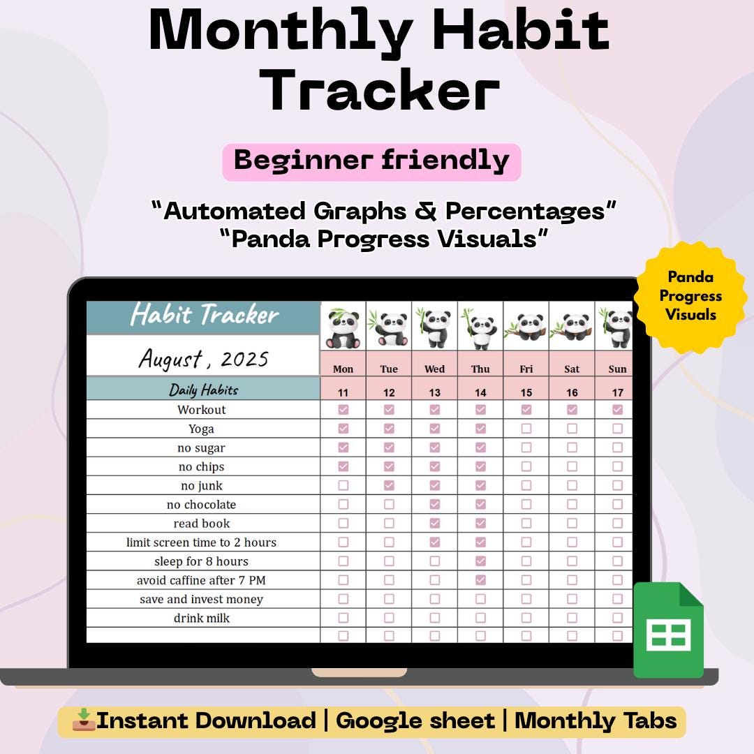 Panda Habit Tracker: Automated Progress Graphs - Google Sheets, Excel ...