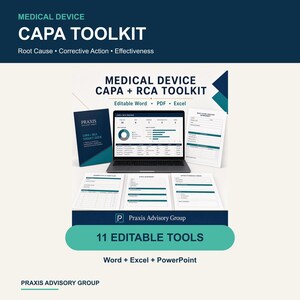 Plantilla CAPA para dispositivos médicos / Kit de herramientas de análisis de causa raíz, seguimiento en Excel, 5 porqués y diagrama de Ishikawa