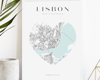 Impression de carte de la ville personnalisée de Lisbonne, affiche de la ville imprimable, art de la carte en téléchargement numérique, plan de rue minimaliste, art mural moderne, cadeau carte de la ville