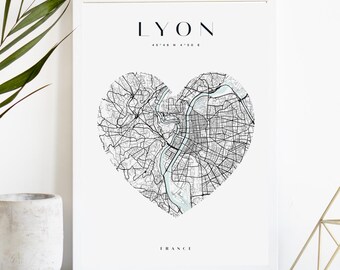 Impression de carte de la ville de Lyon personnalisée, affiche de la ville imprimable, art de la carte en téléchargement numérique, plan de rue minimaliste, art mural moderne, cadeau carte de la ville