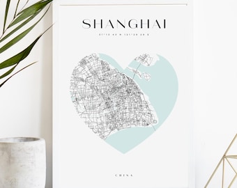Impression de carte de la ville personnalisée de Shanghai, affiche de la ville imprimable, art de la carte en téléchargement numérique, plan de rue minimaliste, art mural moderne, cadeau carte de la ville