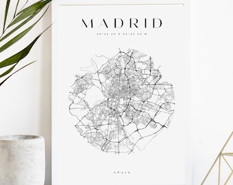 Madrid Custom City Map Print, Printable City Poster, Digital Download Map Art, Minimalist Street Map, Modern Wall Art, City Map Gift