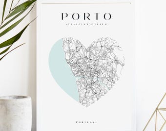 Impression de carte de la ville de Porto personnalisée, affiche de la ville imprimable, art de la carte en téléchargement numérique, plan de rue minimaliste, art mural moderne, cadeau carte de la ville