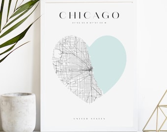 Impression de carte de la ville personnalisée de Chicago, affiche de la ville imprimable, art de la carte en téléchargement numérique, plan de rue minimaliste, art mural moderne, cadeau carte de la ville