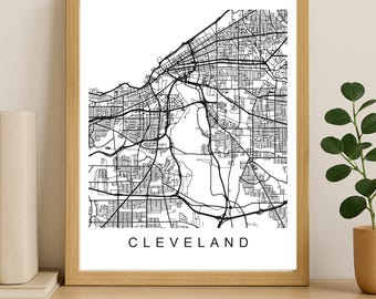 Impression de carte de la ville de Cleveland, affiche de la ville imprimable, art de la carte en téléchargement numérique, plan de rue minimaliste, art mural moderne, cadeau carte de la ville