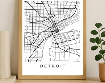 Impression de carte de la ville de Detroit, affiche imprimable de la ville, art de la carte en téléchargement numérique, plan de rue minimaliste, art mural moderne, cadeau carte de la ville