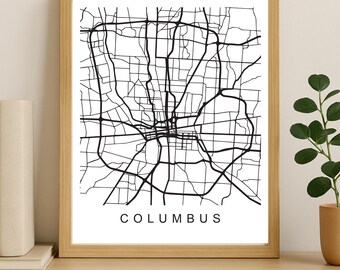 Columbus-stadskaart afdrukken, afdrukbare stadsposter, digitale download kaartkunst, minimalistische stratenplan, moderne muurkunst, stadsplattegrond cadeau