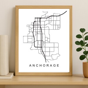 Anchorage stadskaart afdrukken, afdrukbare stadsposter, digitale download kaartkunst, minimalistische stratenplan, moderne muurkunst, stadskaart cadeau