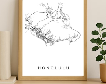 Impression de carte de la ville d'Honolulu, affiche de la ville imprimable, art de la carte en téléchargement numérique, plan de rue minimaliste, art mural moderne, cadeau carte de la ville