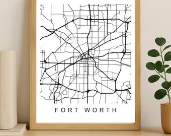 Fort Worth-stadskaart afdrukken, afdrukbare stadsposter, digitale download kaartkunst, minimalistische stratenplan, moderne muurkunst, stadskaart cadeau