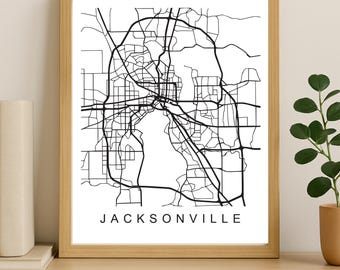 Stadskaart Jacksonville afdrukken, afdrukbare stadsposter, digitale download kaartkunst, minimalistische stratenplan, moderne muurkunst, stadskaart cadeau