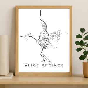 Impression de carte de la ville d'Alice Springs, affiche de la ville imprimable, art de la carte en téléchargement numérique, plan de rue minimaliste, art mural moderne, cadeau carte de la ville