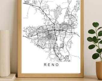 Reno City Map Print, Printable City Poster, Digital Download Map Art, Minimalist Street Map, Modern Wall Art, City Map Gift
