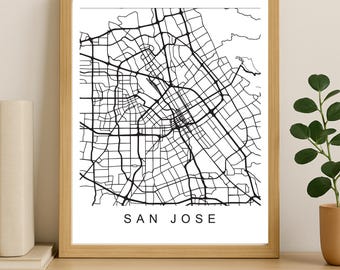 San Jose stadskaart afdrukken, afdrukbare stadsposter, digitale download kaartkunst, minimalistische stratenplan, moderne muurkunst, stadskaart cadeau