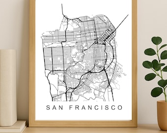 Impression de carte de la ville de San Francisco, affiche de la ville imprimable, art de la carte en téléchargement numérique, plan de rue minimaliste, art mural moderne, cadeau carte de la ville