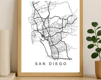 Impression de carte de la ville de San Diego, affiche de la ville imprimable, art de la carte en téléchargement numérique, plan de rue minimaliste, art mural moderne, cadeau carte de la ville