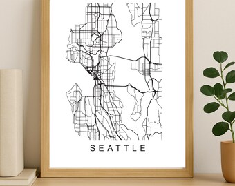 Impression de carte de la ville de Seattle, affiche de la ville imprimable, art de la carte en téléchargement numérique, plan de rue minimaliste, art mural moderne, cadeau carte de la ville