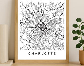 Charlotte-stadskaart afdrukken, afdrukbare stadsposter, digitale download kaartkunst, minimalistische stratenplan, moderne muurkunst, stadsplattegrond cadeau