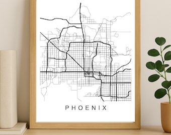 Impression de carte de la ville de Phoenix, affiche de la ville imprimable, art de la carte en téléchargement numérique, plan de rue minimaliste, art mural moderne, cadeau carte de la ville
