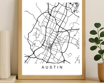 Austin stadskaart afdrukken, afdrukbare stadsposter, digitale download kaartkunst, minimalistische stratenplan, moderne muurkunst, stadsplattegrond cadeau
