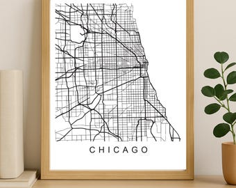 Impression de carte de la ville de Chicago, affiche de la ville imprimable, art de la carte en téléchargement numérique, plan de rue minimaliste, art mural moderne, cadeau carte de la ville