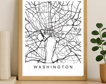 Impression de carte de la ville de Washington, affiche de la ville imprimable, art de la carte en téléchargement numérique, plan de rue minimaliste, art mural moderne, cadeau carte de la ville