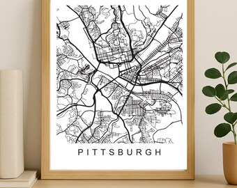 Impression de carte de la ville de Pittsburgh, affiche de la ville imprimable, art de la carte en téléchargement numérique, plan de rue minimaliste, art mural moderne, cadeau carte de la ville