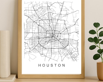 Impression de carte de la ville de Houston, affiche de la ville imprimable, art de la carte en téléchargement numérique, plan de rue minimaliste, art mural moderne, cadeau carte de la ville